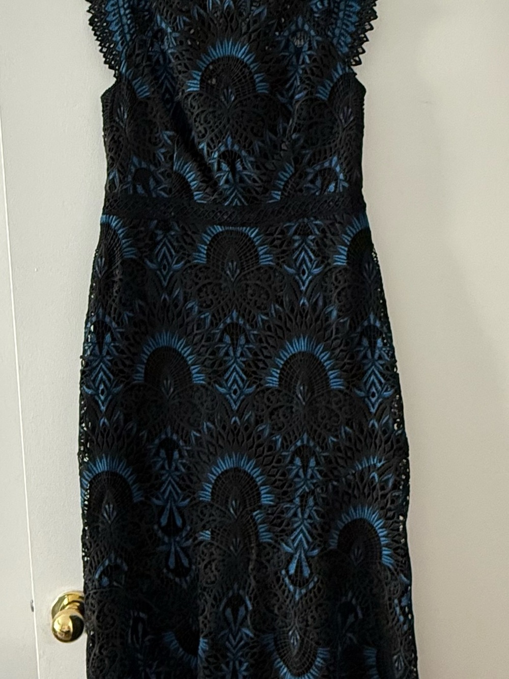 Shoshanna Black Lace Full Length Gown with Blue Underlay Accents